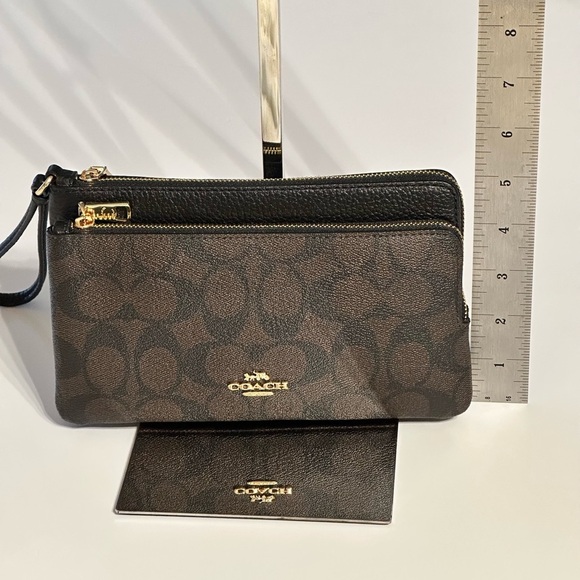 NWT Coach Double Zipper Wristlet Wallet Signature Canvas CU920 Brown Black - Picture 10 of 13